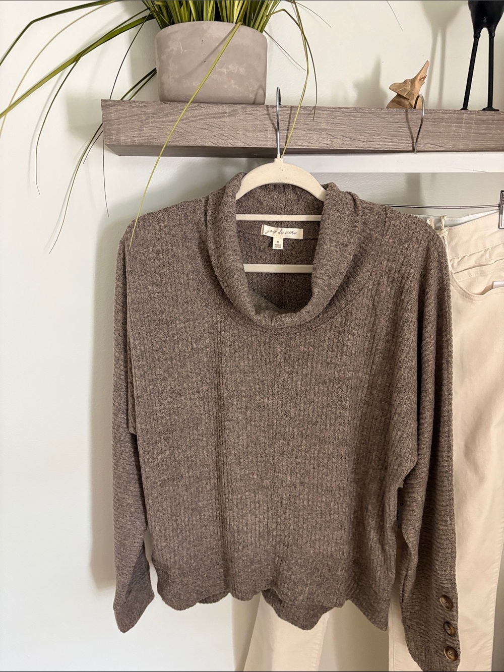 Josie de Vivre Soft Cowl-Neck Sweater in Taupe